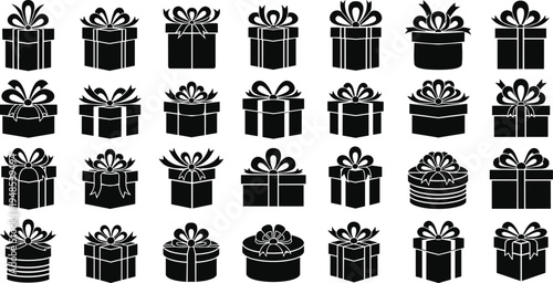Gift box silhouettes collection with ribbon bows and decorative wrapping isolated vector illustration for birthday Christmas celebration surprise present design