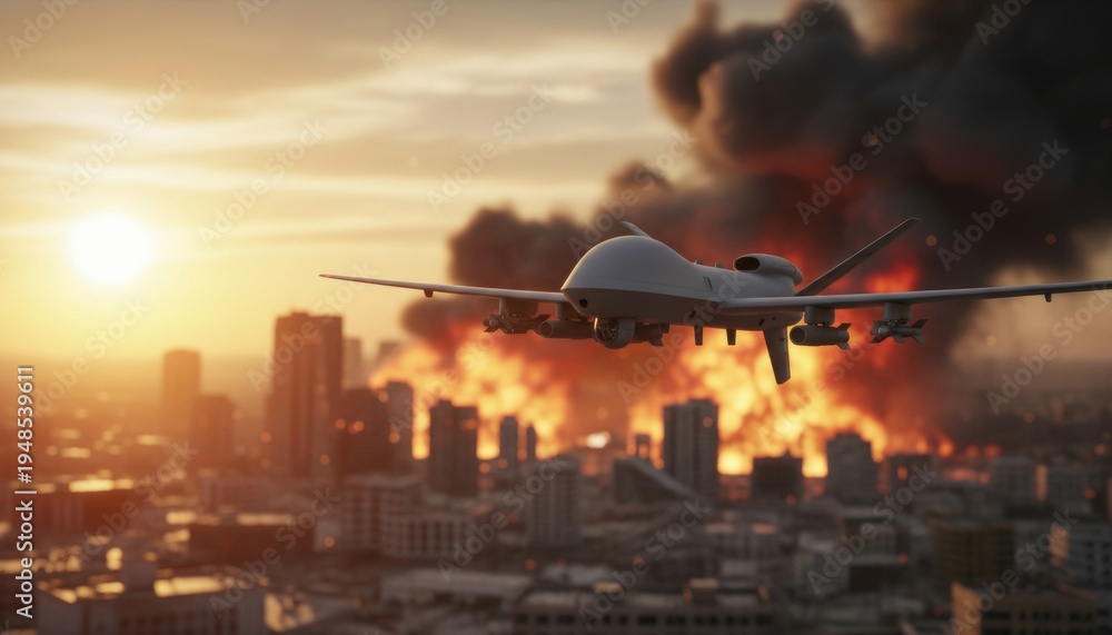 Fototapeta premium Military drone flying over city engulfed in flames and smoke at sunset