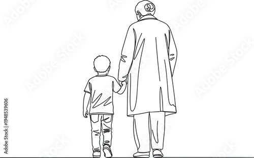 Grandmother holding grandson hand walking together rear view family love care relationship line art vector illustration parenting concept