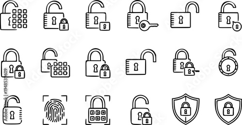 Lock icon collection. Locked and unlocked black line icon set. Flat security symbol. Vector illustration.
