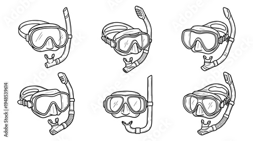 snorkel mask, Hand-drawn outline doodle sketches vector set collection , white background , PNG and SVG isolate