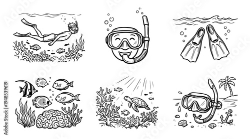 snorkeling, Hand-drawn outline doodle sketches vector set collection , white background , PNG and SVG isolate