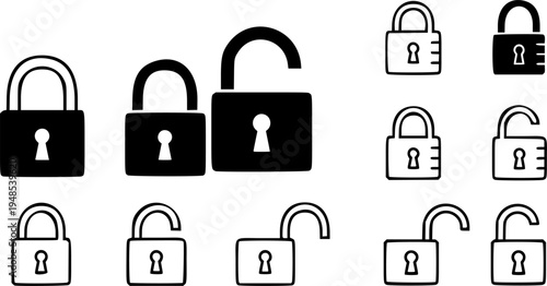 Lock icon collection. Locked and unlocked black line icon set. Flat security symbol. Vector illustration.
