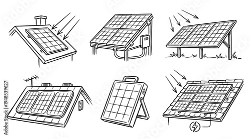 solar panel, Hand-drawn outline doodle sketches vector set collection , white background , PNG and SVG isolate