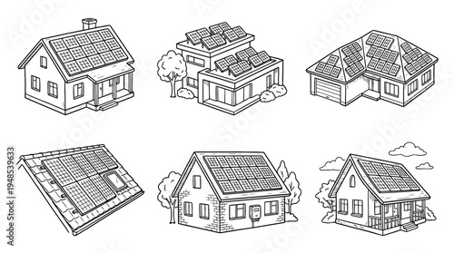 solar panel roof, Hand-drawn outline doodle sketches vector set collection , white background , PNG and SVG isolate