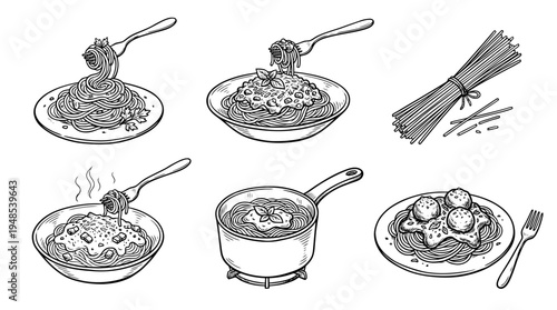 spaghetti pasta, Hand-drawn outline doodle sketches vector set collection , white background , PNG and SVG isolate