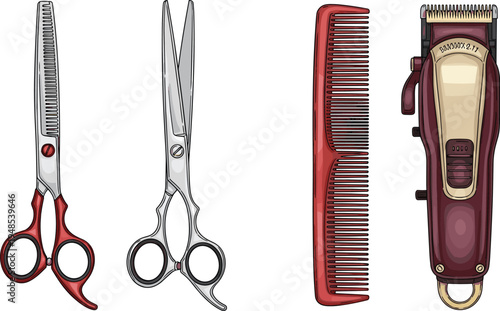 Hairdresser tools set with scissors thinning shears comb and electric clipper barber equipment vector illustration isolated professional haircut styling kit