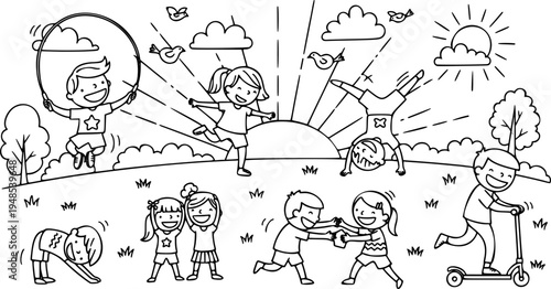 Playful morning exercise doodle illustration featuring active kids and fun activities
