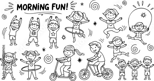 Playful morning exercise doodle illustration featuring active kids and fun activities
