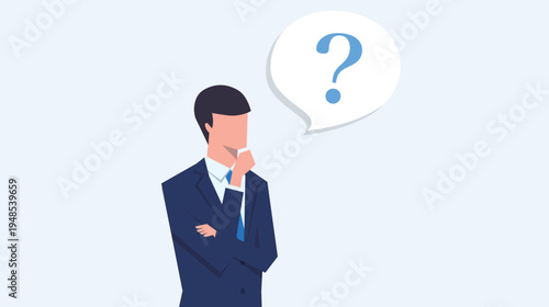 ハテナマークと考えるポーズのスーツを着た男性のベクターイラスト