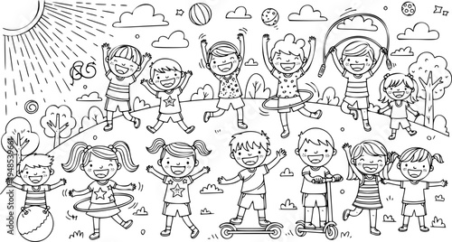 Playful morning exercise doodle illustration featuring active kids and fun activities
