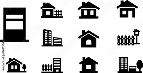 Simple black house icons set with building, house, window, door, roof, fence and tree
