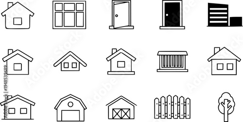 Simple black house icons set with building, house, window, door, roof, fence and tree
