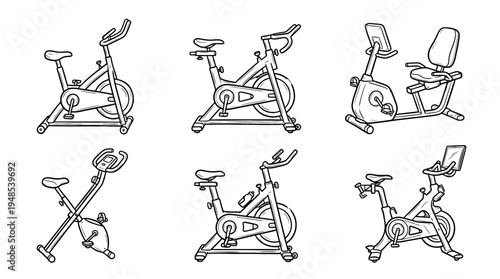 stationary bike, Hand-drawn outline doodle sketches vector set collection , white background , PNG and SVG isolate