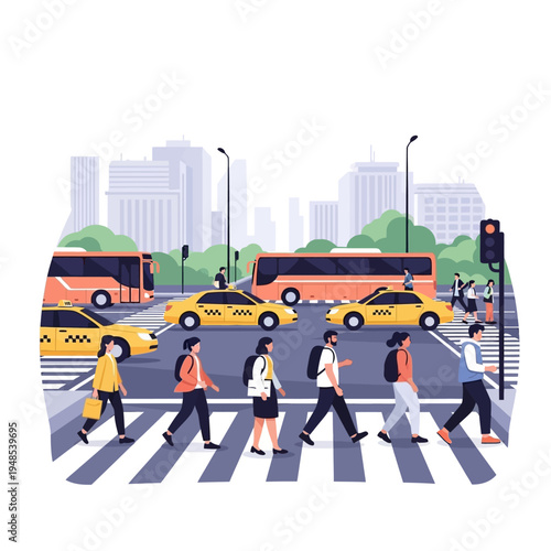 City Street Scene: Pedestrians Crossing at Zebra Crossing with Taxis and Buses