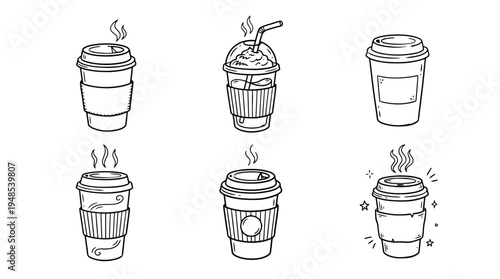 takeaway coffee, Hand-drawn outline doodle sketches vector set collection , white background , PNG and SVG isolate