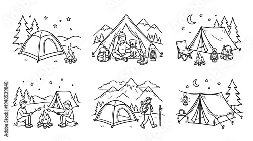 tent camping, Hand-drawn outline doodle sketches vector set collection , white background , PNG and SVG isolate