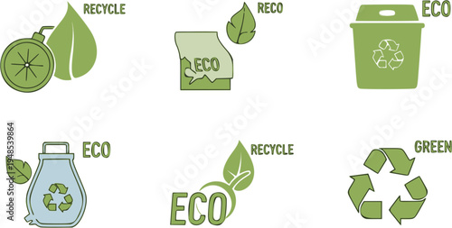 Recycle vector icon set. Arrows, heart and leaf recycle eco green symbol. Rounded angles. Recycled signs illustration isolated on white background.
