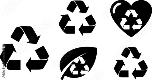 Recycle vector icon set. Arrows, heart and leaf recycle eco green symbol. Rounded angles. Recycled signs illustration isolated on white background.
