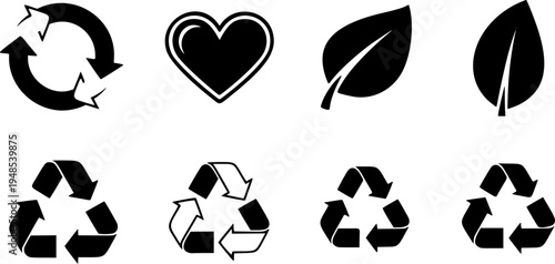 Recycle vector icon set. Arrows, heart and leaf recycle eco green symbol. Rounded angles. Recycled signs illustration isolated on white background.
