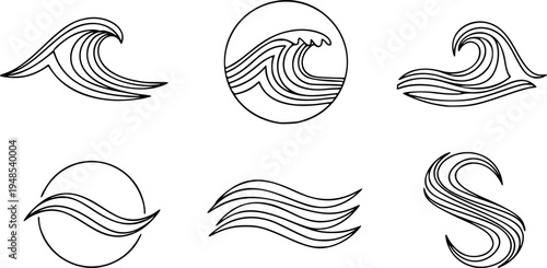 Water wave line art set. Wave beach vector symbol or logo design collection. Abstract water waves see blue vector design elements.
