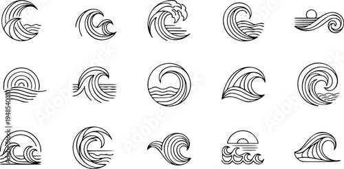 Water wave line art set. Wave beach vector symbol or logo design collection. Abstract water waves see blue vector design elements.
