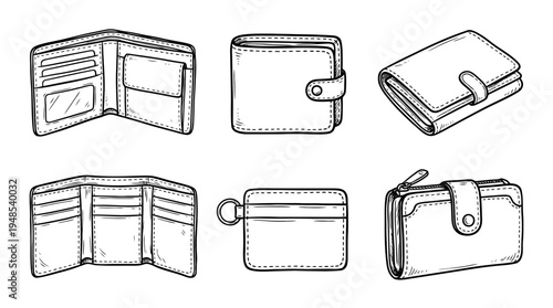 wallet, Hand-drawn outline doodle sketches vector set collection , white background , PNG and SVG isolate