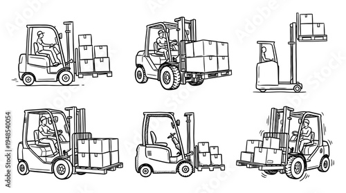 warehouse forklift, Hand-drawn outline doodle sketches vector set collection , white background , PNG and SVG isolate