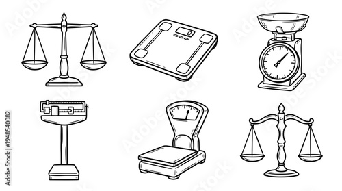 weighing scale, Hand-drawn outline doodle sketches vector set collection , white background , PNG and SVG isolate