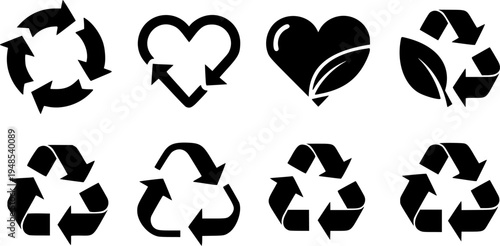 Recycle vector icon set. Arrows, heart and leaf recycling eco green symbol. Rounded angles. Recycled signs illustration isolated on white background.
