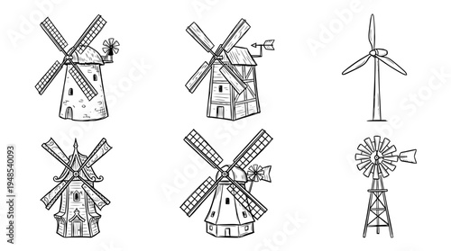 windmill, Hand-drawn outline doodle sketches vector set collection , white background , PNG and SVG isolate