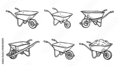 wheelbarrow, Hand-drawn outline doodle sketches vector set collection , white background , PNG and SVG isolate