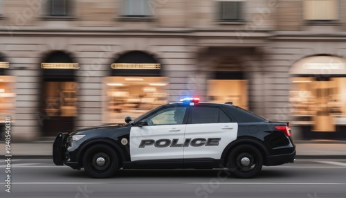 High speed police car patrol on blurred city street