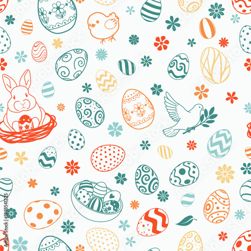 Easter seamless pattern with eggs, bunny, chick, dove, flowers on white background.