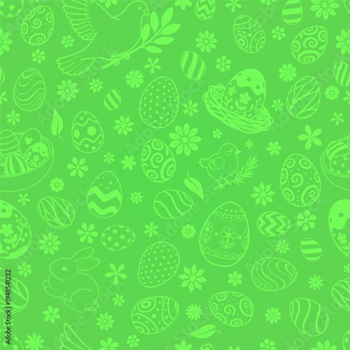 Easter seamless pattern with eggs, bunnies, and flowers in light green on a bright green background, perfect for holiday designs.