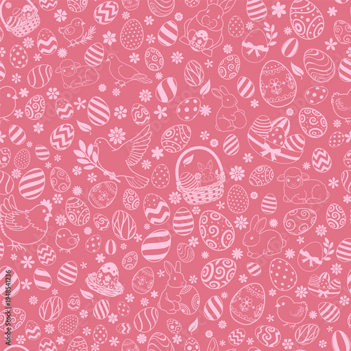 Easter seamless pattern with white eggs, bunnies, lambs, birds, and flowers on pink background, perfect for holiday designs.