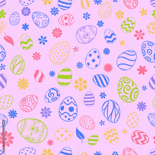 Easter seamless pattern with colorful eggs, flowers, and leaf on soft pink background for holiday decoration and design.