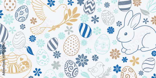 Easter background with blue, gold, and white eggs, flowers, bunny, and bird on white.