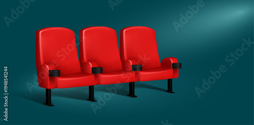 Red cinema seats in a row. Realistic movie theatre armchairs on blue background under lighting. Vector Illustration.