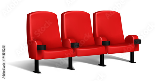 Red cinema seats in a row. Realistic movie theatre armchairs. Vector Illustration Isolated on white background.