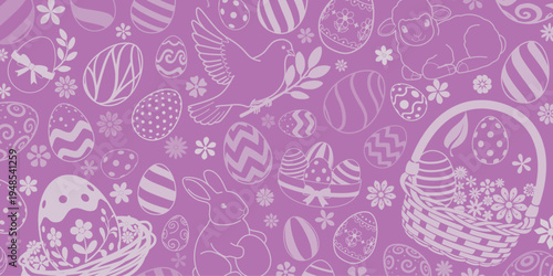 Easter background with white eggs, flowers, basket, bunny, lamb, bird on purple.