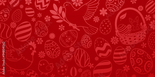 Red Easter background with eggs, bunnies, and birds in light red.