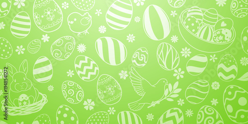 Light green background with white easter eggs, flowers, bunny, and birds in various patterns and designs.