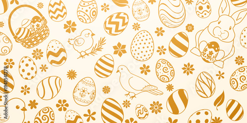 Yellow easter background with eggs, flowers, birds, and bunny, featuring various patterns and designs.