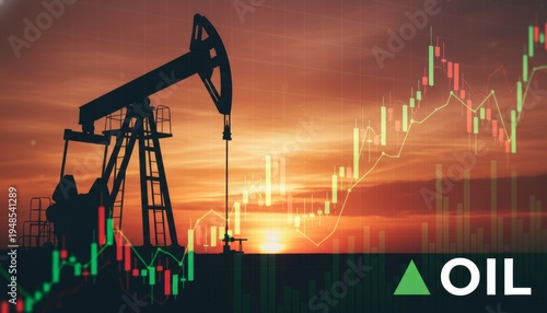 Oil prices rising: pump jack silhouette with financial stock market chart