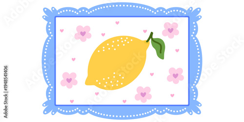 Kawaii lemon square for template lace hand and cute border frame. Vector whimsical style for photo flowers memo and greeting design doodle. Kawaii day ribbon for template scrapbook card