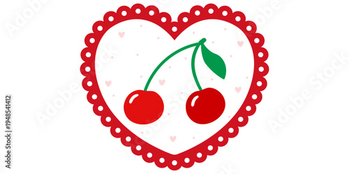 Border cherry berry with strawberry cute frame for hand children heart. Kawaii square girly with doodle day design for coquette y2k ribbon. Photo template border with vector strawberry valentine