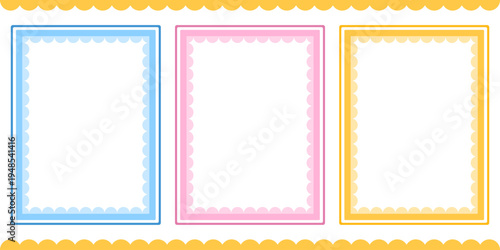 Set border kawaii with template trendy cute and valentine lace frame. Vector paper signboard with notebook heart title and photo girly birthday. Square doodle set with hand style template