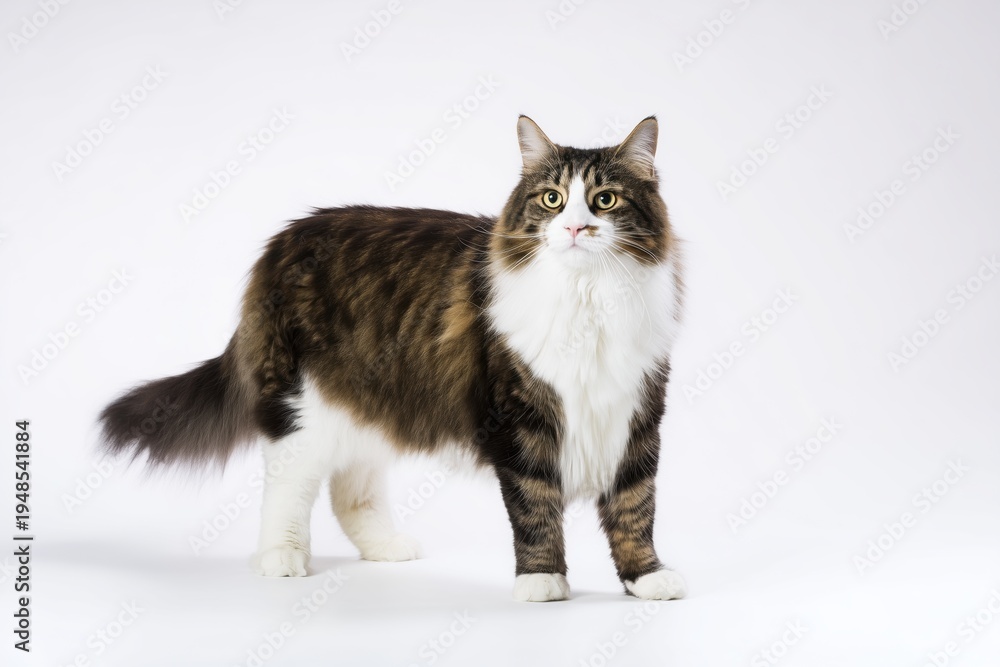 Obraz premium A brown and white long-haired cat standing on a white background, facing camera