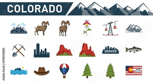 Vibrant flat design collection capturing Colorado's essence majestic mountains, iconic wildlife, urban skylines, stunning red rock landscapes, and unique state symbols